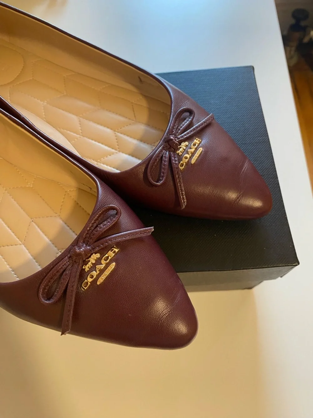 Coach Women's Burgundy Leather Pointed-toe Ballet Flats with Bow Accent - Picture 10 of 11